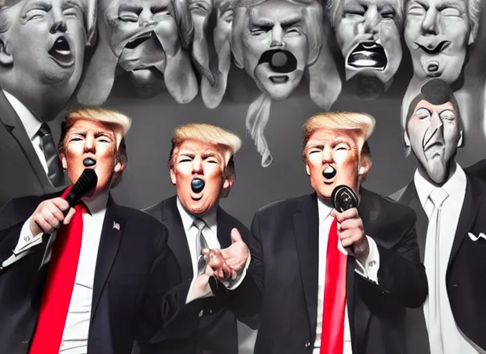 Prompt: donald trump kiss rock band, detailed facial expressions, surrealist aesthetic