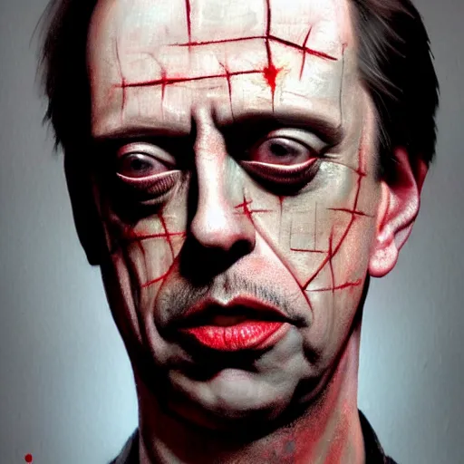 Prompt: hyperrealistic mixed media high resolution painting of Steve Buscemi !!Hellraiser!!, stunning 3d render inspired art by Jamie Salmon and István Sándorfi and Greg Rutkowski, perfect facial symmetry, dim volumetric lighting, 8k octane beautifully detailed render, full body shot, post-processing, extremely hyper-detailed, intricate, epic composition, highly detailed attributes, highly detailed atmosphere, cinematic lighting, masterpiece, trending on artstation, very very detailed, masterpiece, stunning, flawless completion, lifelike texture, perfection,