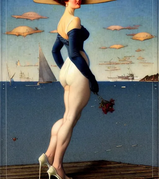 Prompt: a fancy beautiful young lady standing on a wharf at the edge of the sea by brom and gil elvgren and jean delville and norman rockwell and michael whelan, crisp details, hyperrealism, high detail, high contrast, low light, grey mist, cobblestones, dim lantern, stylish navy blue heels