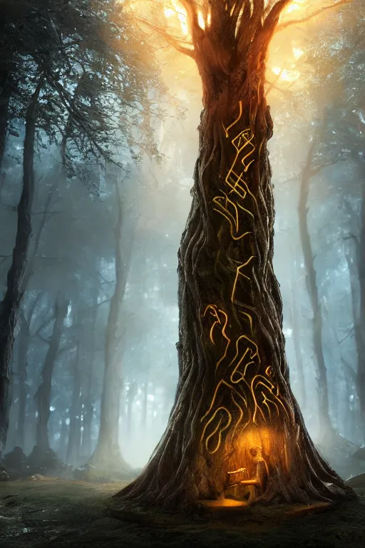 Image similar to Glowing elven runes carved into a magic tree, dramatic lighting, cinematic, establishing shot, extremely high detail, foto realistic, cinematic lighting, post processed, concept art, high details, cinematic, 8k resolution, beautiful detailed, photorealistic, digital painting, artstation, concept art, smooth, sharp focus, artstation trending, octane render, unreal engine