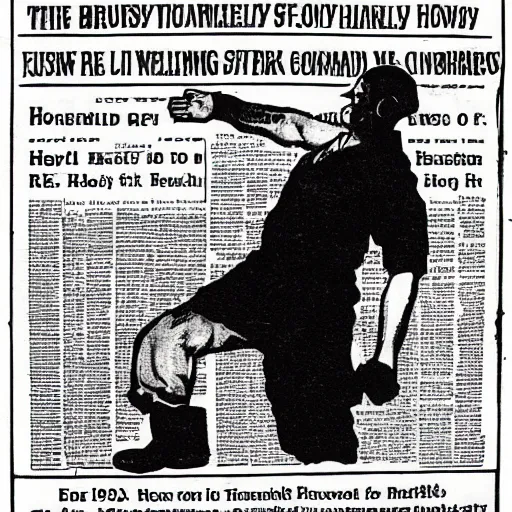 Prompt: 1 9 2 0 s newspaper titled the thrussy herald, black and white, text, image of a bald construction worker throwing up, photorealistic.