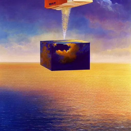 Image similar to beautiful matte painting of golden shores of a blue dreamy ocean, scientific codex cube floating above the ocean, sci - fi, daylight, blue sky, cinematic lighting, cinematic perspective, syd mead, john harris, federico pelat