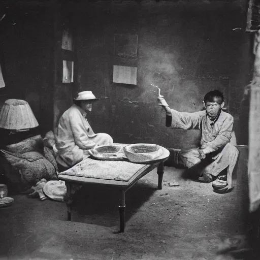 Image similar to people smoking opium in an opium den, monochrome film, dreamlike,