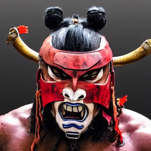 Image similar to big buff strong very buff samurai wearing an oni mask, movie still