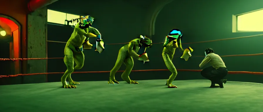 Prompt: amazing detailed lucid surreal rendering by wes anderson, octane render, volumetric lighting, depth of field, futurisitic boxing ring in a dying utopia, neon radioactive swamp, lizardman on stilts fighting human boxer