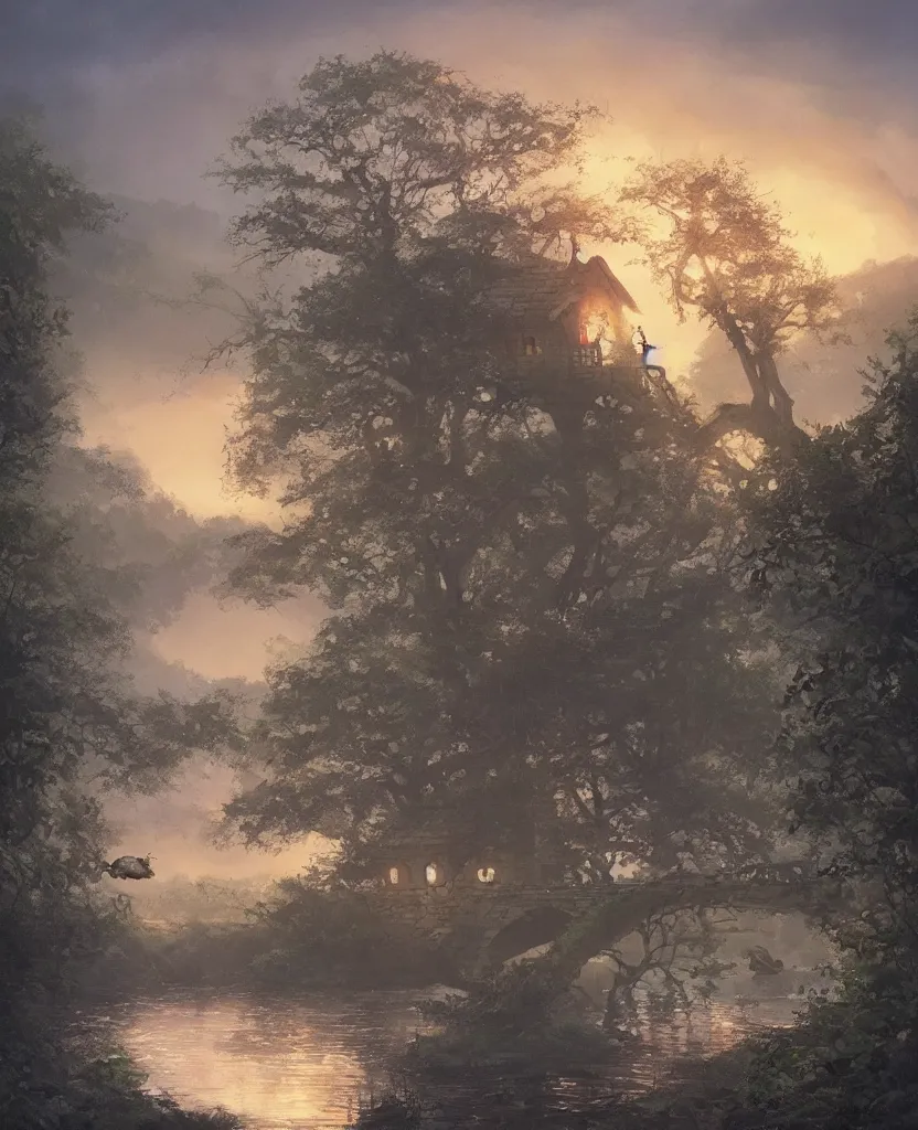 Image similar to small wooden cottage by the river, a tree with vines wrapped around it, two crows on the tree, tranquility, arch stone bridge over the river, an old man riding a horse on the bridge, sunset, by charlie bowater, by greg rutkowski