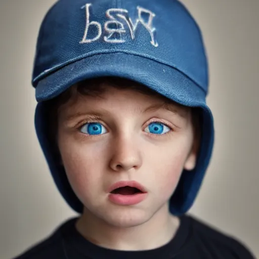 Image similar to a detailed portrait of a boy with light blue eyeswearing a black cap, realistic and detailed eyes, intricate photo, incredibly highly detailed and realistic, 8 k, sharp focus