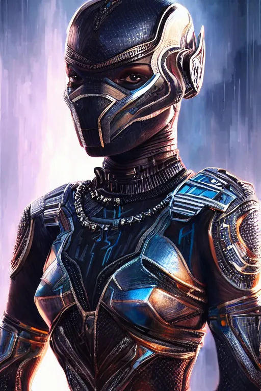 Image similar to sharp focus, closeup shot, ultra realistic illustration, wakandan warrior in a cyberpunk style armor, hacknaut cyberpunk, sci - fi, fantasy, intricate, elegant, highly detailed, digital painting, artstation, concept art, smooth, sharp focus, illustration.