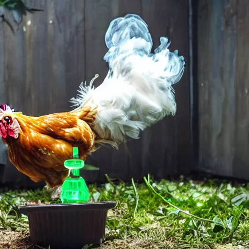 Prompt: photo of a chicken ripping a bong, chicken ripping a bong hit