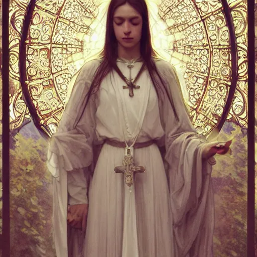 Image similar to a full body portrait of a beautiful ethereal delicate roman catholic bishopress meditative sacral pose catholic stages of the cross, intricate, elegant, highly detailed, digital painting, artstation, concept art, smooth, sharp focus, illustration, art by krenz cushart and artem demura and alphonse mucha