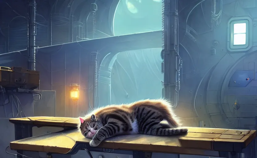 Image similar to a cat sleeping on a mechanics workbench in a spaceport, space opera and dystopian style, d & d, fantasy concept art, global illumination, interesting composition, volumetric lighting, art by enki bilial, highly detailed