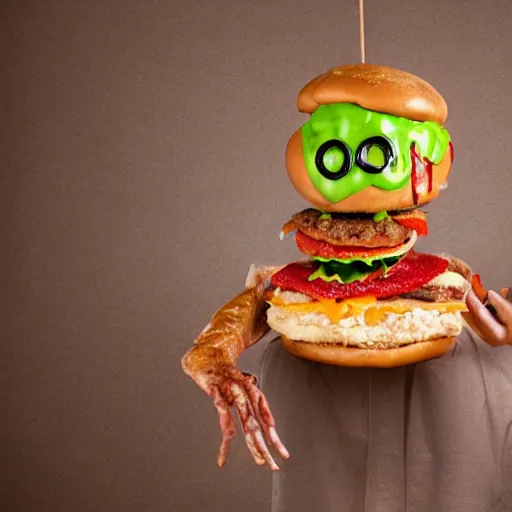 Image similar to a humanoid bipedal upright zombie that strongly resembles a hamburger, professional food photography