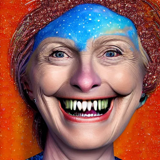 Image similar to president hilary clintonas a smiling laughing bright orange lizard person with bumpy dinosaur skin, airbrush painting, hyper detailed, 8 k, photorealism, rule of thirds, glitter.