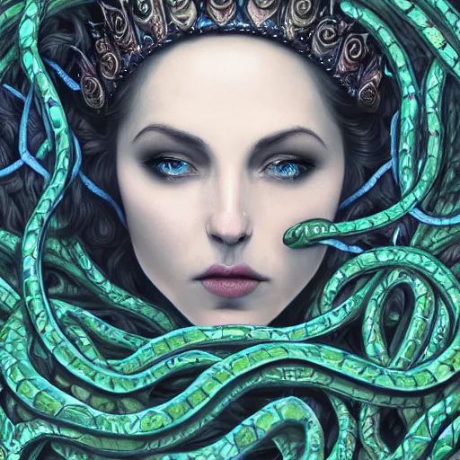 Image similar to detailed portrait of the queen of snakes, realism, pale blue, emerald, sapphire, wearing a crown of vines, nest of vipers, dark fantasy, dim moonlight, dramatic lighting, cgsociety, artstation