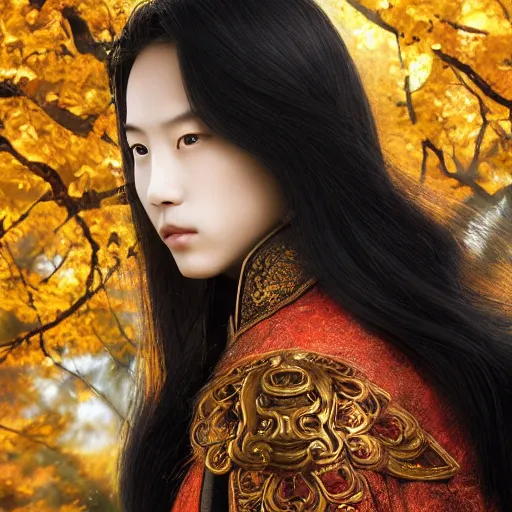 Image similar to a young handsome chinese prince, long black hair, golden eyes, elegant, intricate, backlit, incredible lighting, strong rim light, subsurface scattering, epic beautiful landscape, cherry trees, highly detailed, god rays, digital painting, by Heise Jinyao, Heise-Lian Yan Fang, Feimo, Rossdraws, HDRI, vivid colors, high contrast, 8k resolution, photorealistic