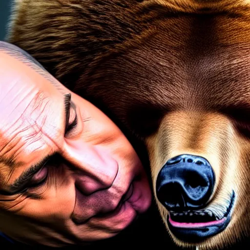 Image similar to vladimir putin kisses a bear, french kiss, lovely, insane details, clear face and eyes, textured, 8 k, professional photography