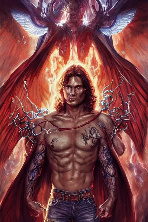 Image similar to front portrait of attractive sam winchester as a belcebu with demon wings wide open, clothes torn apart, muscular chest tattooed with runes and symbols, d & d!, fantasy style, sharp focus!, ultra detailed, art by artgerm and peter andrew jones, wlop