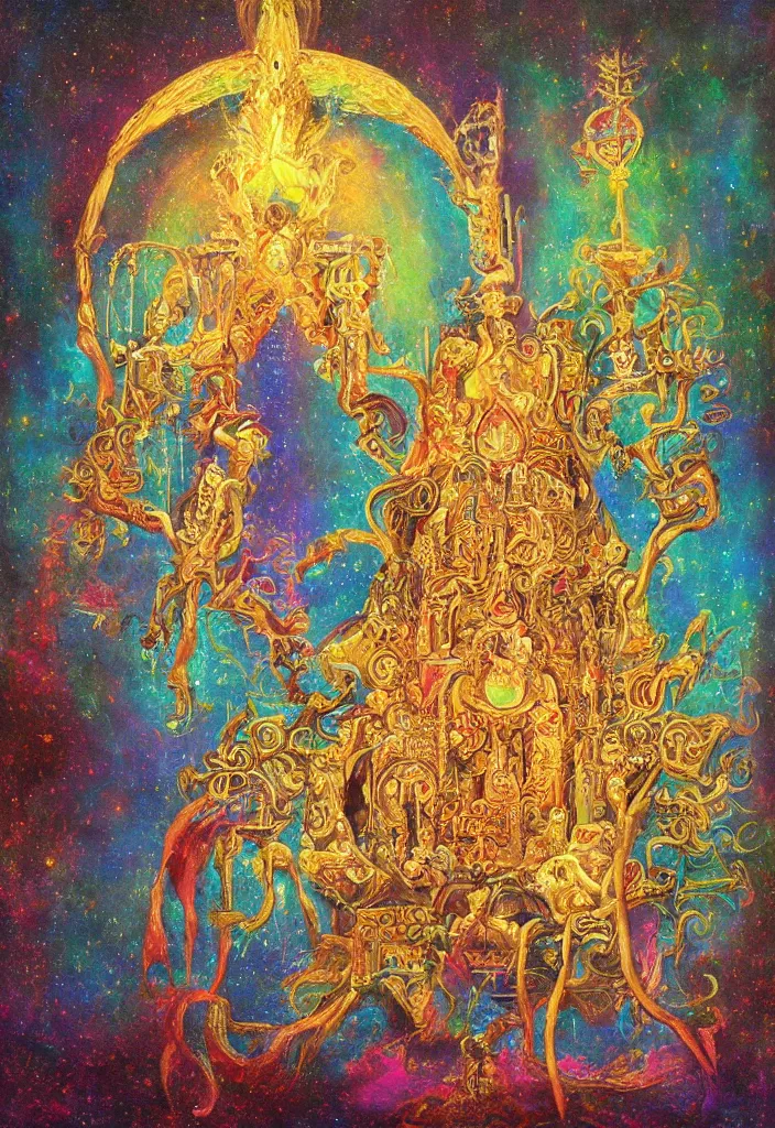 Image similar to holy throne of the gnostic lunar god, award winning oil painting, iridescent color palette