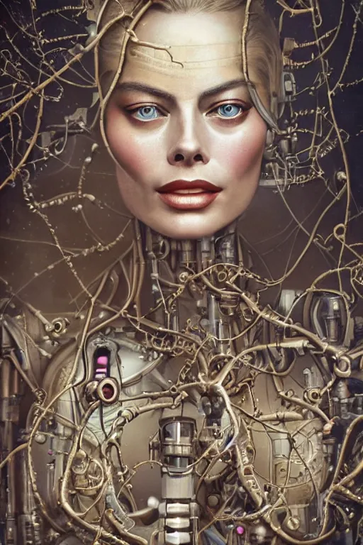 Image similar to a beautiful ultradetailed vintage photo of margot robbie as a cybernetic cyborg, by tom bagshaw and natalie shau, portrait, vignette, 3 5 mm lens, golden ratio composition, detailed faces, studio photography, very detailed, robot overgrown with flowery vines, artstation, 8 k, highly coherent