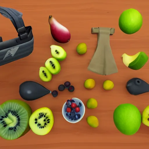 Image similar to vr game, first person, axe equipped, variety of fruits on the background, low poly