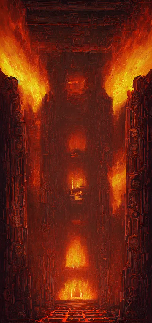 Prompt: Interior of the fire god temple, aztec gothic design, doom, fire, flaming shrine, painting by noah bradley in the graphic style of and Patrick Gleason, low key lighting, detailed art, trending on Artstation, sharp focus, comic art