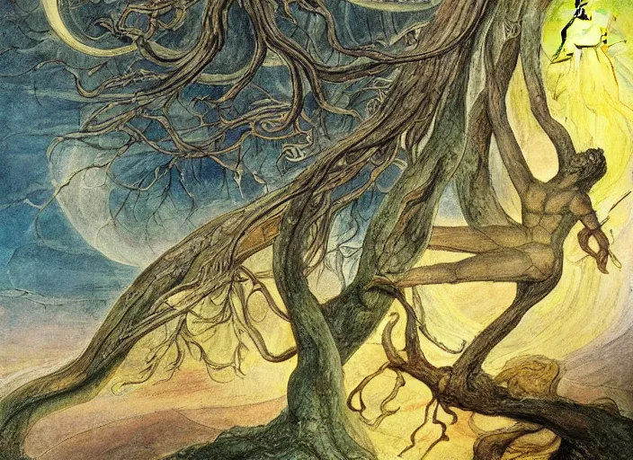 Image similar to most beautiful tree lance seeker of wisdom gentile in the style of william blake, terese nielsen, detailed, intricate, steve argyle, most beatiful faces, cinematic, dramatic lighting, 8 k resolution, pastoral fantastic reality