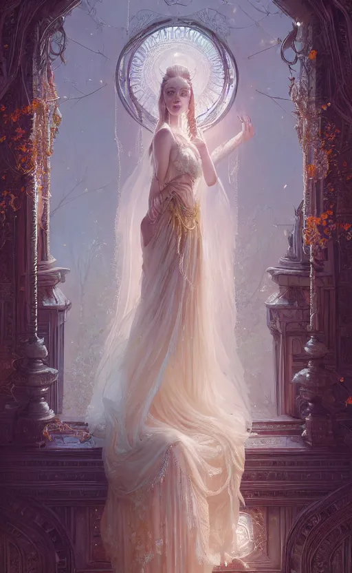 Image similar to highly detailed portrait of beautiful ethereal woman in ornate clothing, stephen bliss, unreal engine, fantasy art by greg rutkowski, loish, rhads, ferdinand knab, makoto shinkai and lois van baarle, ilya kuvshinov, rossdraws, tom bagshaw, global illumination, radiant light, detailed and intricate environment