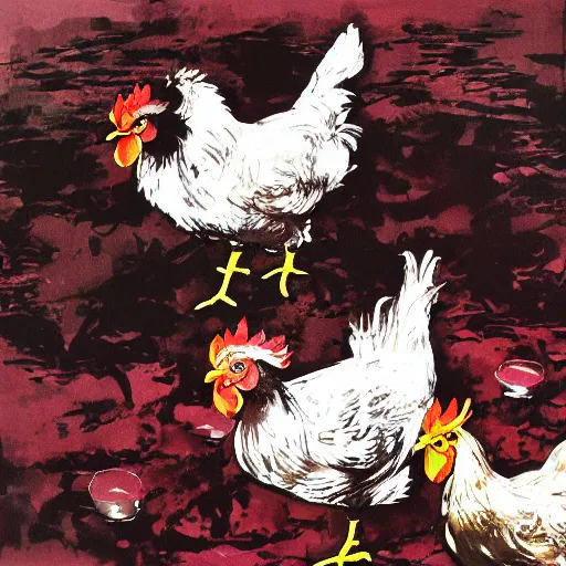 Image similar to chickens bathing in wine, Yoji Shinkawa