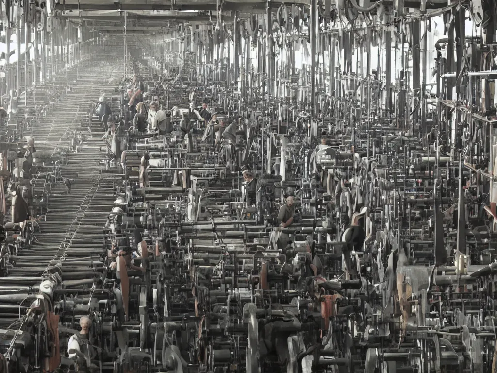 Prompt: industrial revolution inside weaving factory