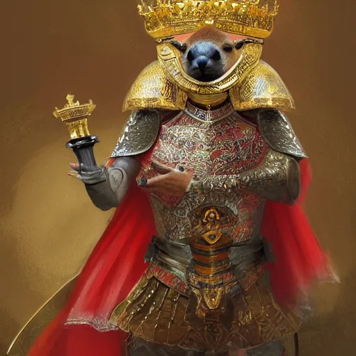 Prompt: detailed photorealistic painting of a capybara wearing a highly detailed ornamented gold crown with diamonds, in a medieval knight armor with red cape , holding a chess piece, sharp focus in the style of ruan jia, Mandy jurgens, cinematic light, concept art, trending on artstation, ultra realistic