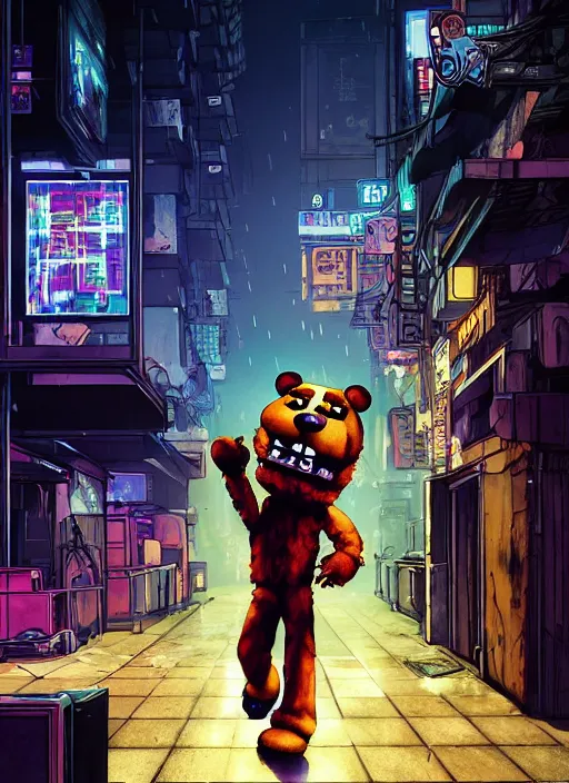 Image similar to character portrait of Freddy Fazzbear from Five Nights at Freddy's in a cyberpunk city at night while it rains. hidari, color page, tankoban, 4K, tone mapping, Akihiko Yoshida. Nomax, Kenket, Rukis. comic book style, photorealistic, professional lighting, hyperdetailed, high resolution, high quality, dramatic, deviantart, artstation, 4k, real photo