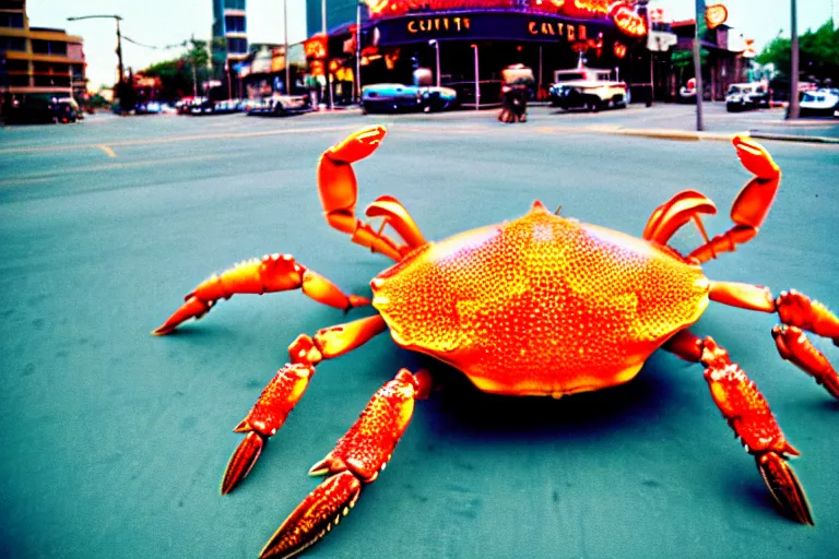 Image similar to 2 0 1 5 cute giant crab terrorizing a city, googie city, americana, fishcore, exterior photography, hd 8 k, photography cinestill