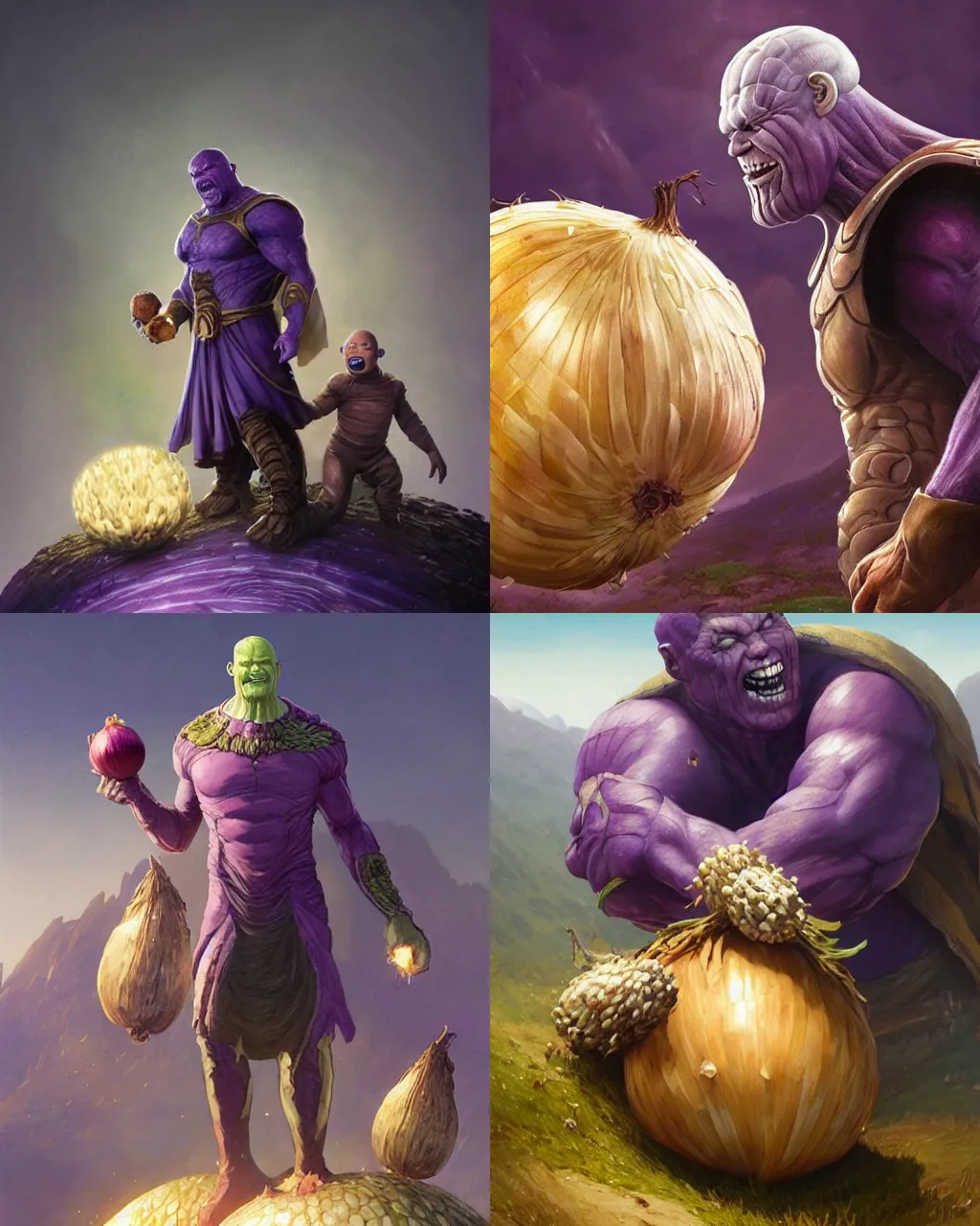 Prompt: garlic thanos holding the largest onion standing on a mountain and smiling, character portrait, ultra realistic, concept art, intricate details, highly detailed by greg rutkowski, ilya kuvshinov, gaston bussiere, craig mullins, simon bisley, proud onion hybrid thanos, surrounding onions and garlic, onion thanos laughing