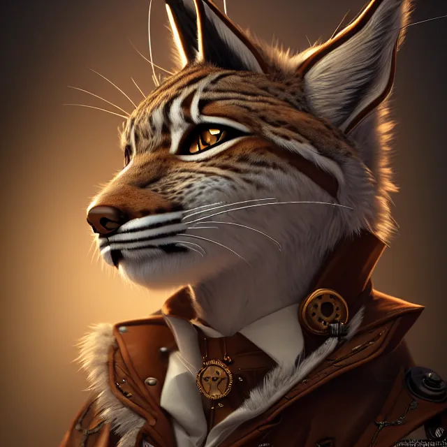 Image similar to the portrait of anthropomorphic lynx fursona wearing a steampunk suit as unimaginably beautiful, gorgeous, elegant, young lynx, an ultrafine hyperdetailed illustration by furaffinity, intricate linework, white fur, unreal engine 5 highly rendered, global illumination, radiant light, detailed and intricate environment