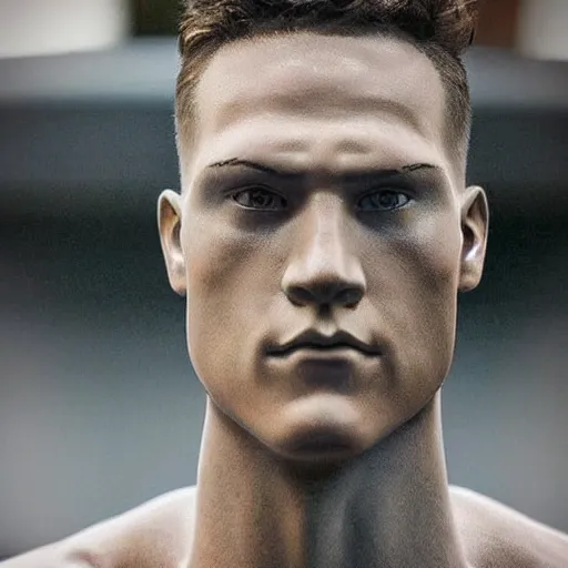 Image similar to “a realistic detailed photo of a guy who is an attractive humanoid who is half robot and half humanoid, who is a male android, baseball player Aaron Judge, shiny skin, posing like a statue, blank stare”