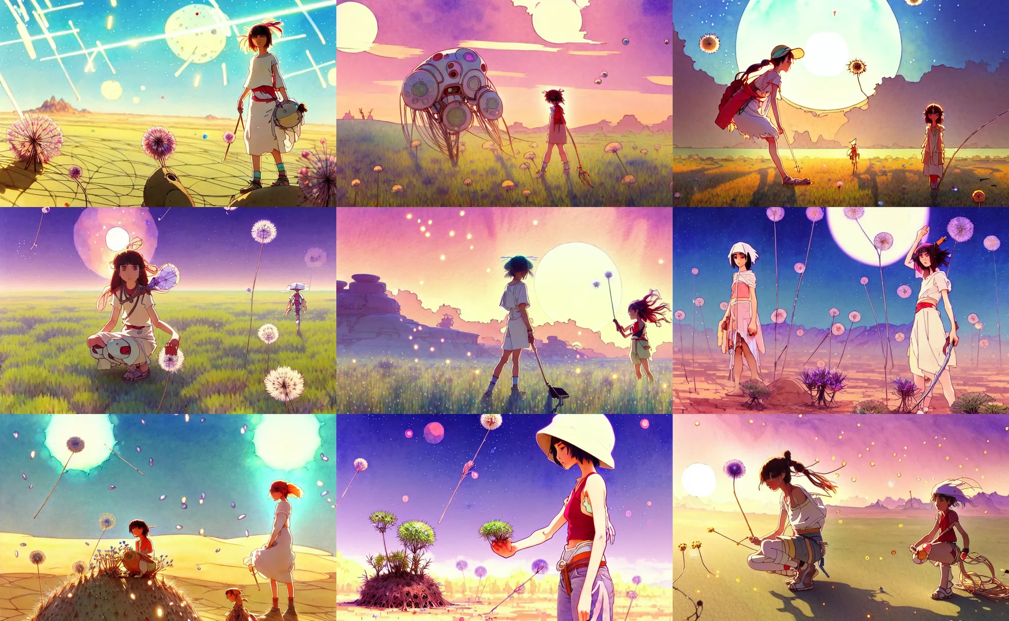 Prompt: a wholesome animation key shot of mononoke planting robots alone in the desert by herself, studio ghibli, pixar and disney animation, sharp, disney concept art watercolor illustration by mandy jurgens and alphonse mucha and alena aenami, pastel color palette, dandelion seeds float, bloom, dramatic lighting