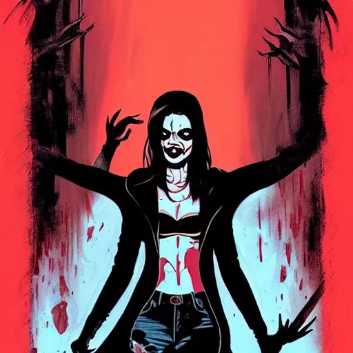 Prompt: Rafael Albuquerque comic cover art, loish, pretty female Samara Weaving vampire, very sharp vampire fangs teeth, blood on face face, sarcastic smile, symmetrical eyes, symmetrical face, brown leather jacket, jeans, long black hair, middle shot, highly saturated, deep blacks