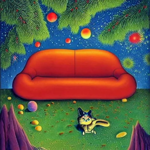 Image similar to psychedelic couch sofa in the pine forest, goose, milky way, designed by moebius, rob gonsalves, gustav dore, giuseppe arcimboldo and carl barks, louis wain, trending on artstation, canada, star, sharp focus, colorful refracted sparkles and lines, soft light, 8 k 4 k