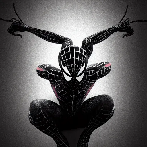 Image similar to concept render of a spiderman with black and white stripes by cedric peyravernay and leon tukker