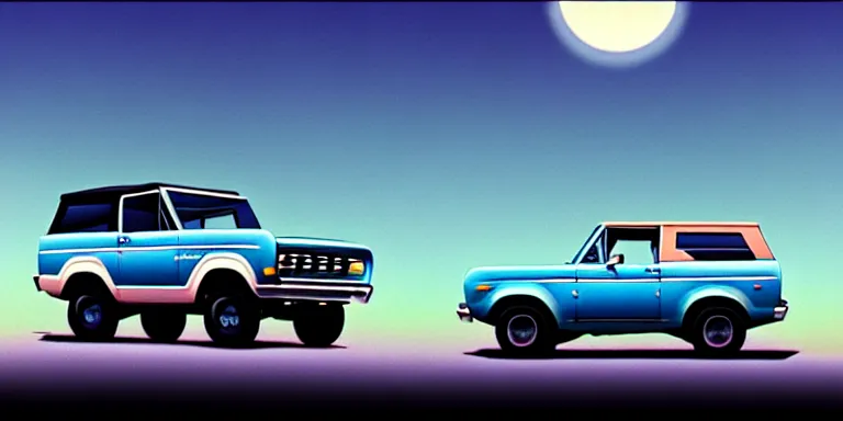 Image similar to a cinematic keyframe matte painting of a sleek 1 9 7 0 s vaporwave concept vehicle retro - futurism sci - fi sky blue ford bronco car in an open garage in the colorado, view from the street. in the moonlight. by eric lafforgue, glennray tutor and edward hopper, greg rutkowski. trending on artstation.