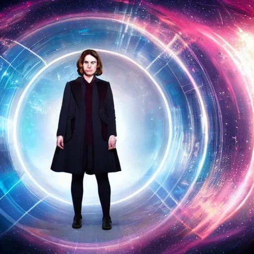 Image similar to a beautiful full body photograph of hayley atwell as'doctor who ', time vortex in the background, detailed face, symmetrical face, extreme realism and detail, 8 k, completely framed, direct lighting, 3 5 mm photo, photorealistic, sharp focus