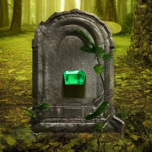 Image similar to side view of a beautiful abandoned tombstone with an embedded emerald laying on the ground, overgrown foliage taking over it, deep forest in the background, biopunk, bokeh, beautiful, lens flare, emotional, detailed, picture, trending on artstation, award - winning, shiny, golden, octane render