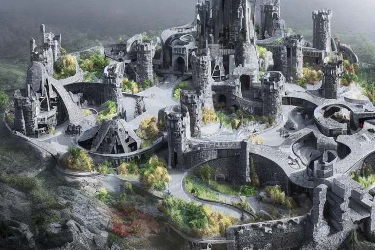 Prompt: a futuristic mega castle utopian city made of stone