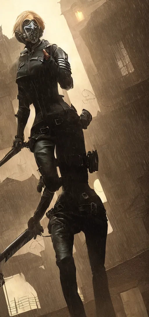 Image similar to annie leonhart in dunwall city wearing corvo attano mask and recon corps uniform running on a gothic house roof, redshift render, cinematic lighting, rainy weather, melancholy atmosphere, dunwall city, volumetric light, octane render, dishonored game, dishonored 1, gothic architecture, realistic reflections, octane render 8 k