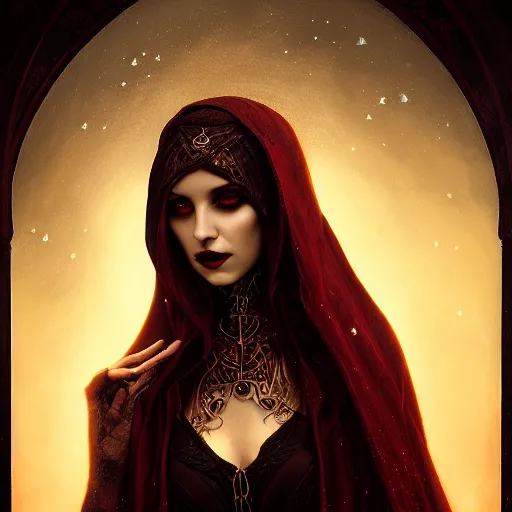 Image similar to Portrait of a riveting Arabic vampire woman!, atmospheric lighting, gothic makeup, intricate, oasis!, volumetric lighting, beautiful, starlit sky, sharp focus, ultra-detailed, by Tom Bagshaw Leesha Hannigan, Ross Tran, Thierry Doizon, Kai Carpenter, Ignacio Fernández Ríos