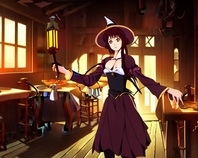 Image similar to key anime visual portrait of a young female witch in a tavern interior defending a companion, dynamic pose, dynamic perspective, cinematic, dramatic lighting.