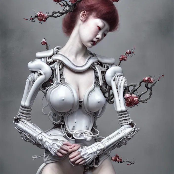 Image similar to porcelain cyborg, Japanese Kakiemon porcelain exoskeleton 16th century, diffuse lighting, fantasy, intricate, elegant, highly detailed, lifelike, photorealistic, digital painting, artstation, illustration, concept art, smooth, sharp focus, art by John Collier and Albert Aublet and Krenz Cushart and Artem Demura and Alphonse Mucha