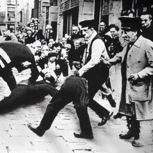 Image similar to a group of Rabbis kicking the crap out of Hitler as he lies in the street