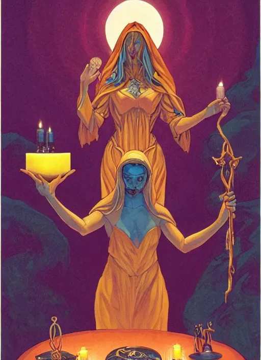 Prompt: beautiful occult woman performing a ritual at an altar in the style of greg hildebrandt and fiona staples, tarot, moonlight, obsidian slime, cool colors