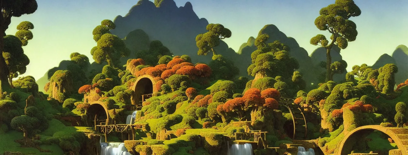 Prompt: a gorgeous landscape painting by barlowe wayne maxfield parrish and marco mazzoni. early spring morning. bench terrace. close - up shot on hyper detailed trees has just sprouted!! tyndall effec, light effect. chinese village. china waterwheel. the winding steps, waterfall from the mountain. ultra clear detailed. highly detailed, 3 d, octane render.